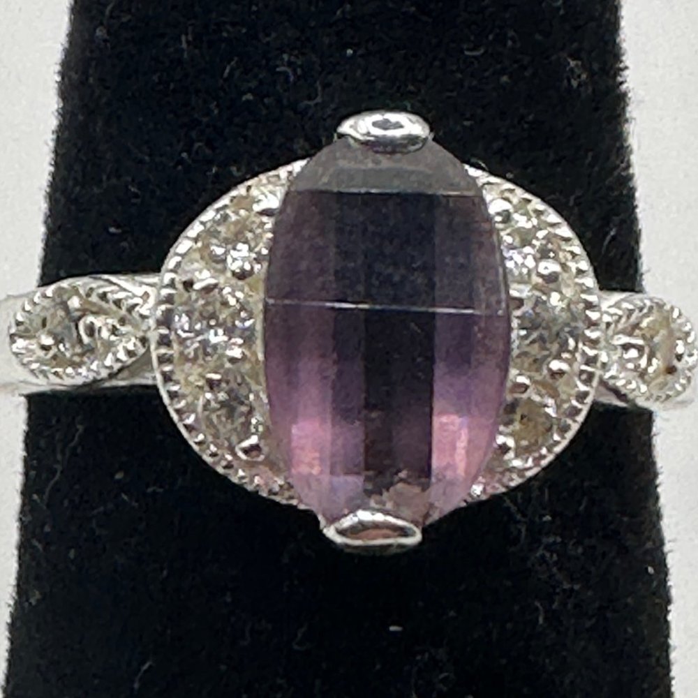 Beautiful Women's Silver Ring, Marquise Purple Stone, CZ Accents, Size 7